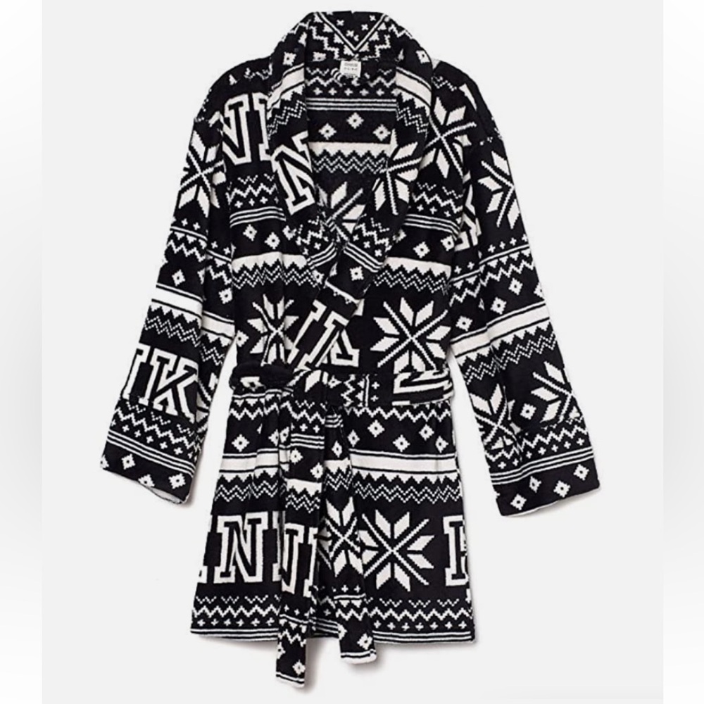 Victoria’s Secret Pink Plush Fleece Robe Black and White Logo with Waist Tie